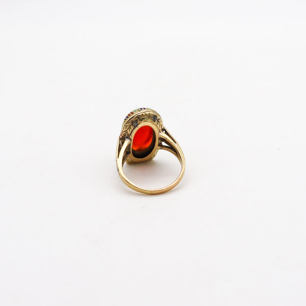 -Austrian 1915 Deco Egyptian Revival Pharaoh Enamel Ring In 14Kt Gold Carved Carnelian