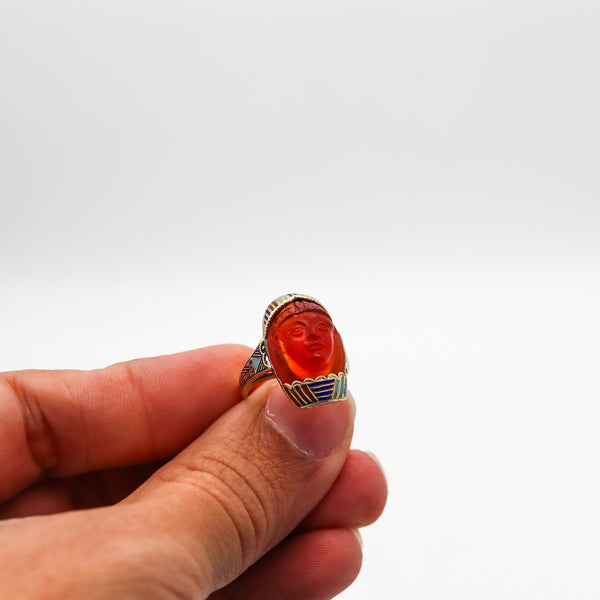 -Austrian 1915 Deco Egyptian Revival Pharaoh Enamel Ring In 14Kt Gold Carved Carnelian