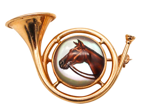 -Henry Blank & Co. 1925 Essex Glass Hunting Trumpet Horse Pin In 14Kt Yellow Gold