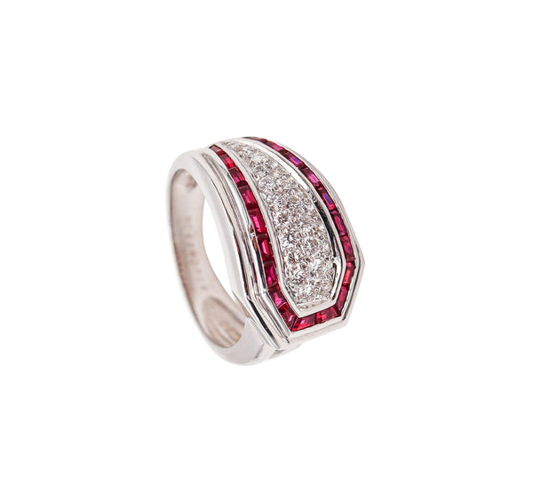 BOUCHERON Paris 1970 Deco Ring In 18Kt White Gold With 1.75 Ctw In Diamonds & Rubies