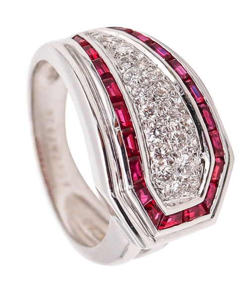 BOUCHERON Paris 1970 Deco Ring In 18Kt White Gold With 1.75 Ctw In Diamonds & Rubies