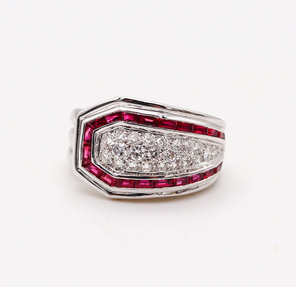 BOUCHERON Paris 1970 Deco Ring In 18Kt White Gold With 1.75 Ctw In Diamonds & Rubies