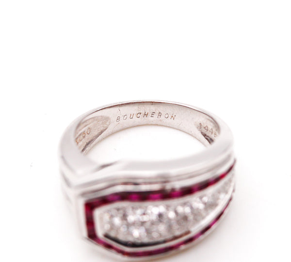 BOUCHERON Paris 1970 Deco Ring In 18Kt White Gold With 1.75 Ctw In Diamonds & Rubies