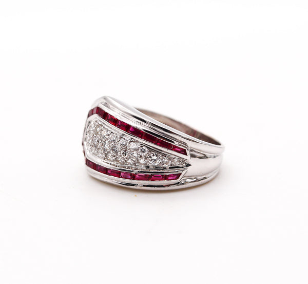 BOUCHERON Paris 1970 Deco Ring In 18Kt White Gold With 1.75 Ctw In Diamonds & Rubies