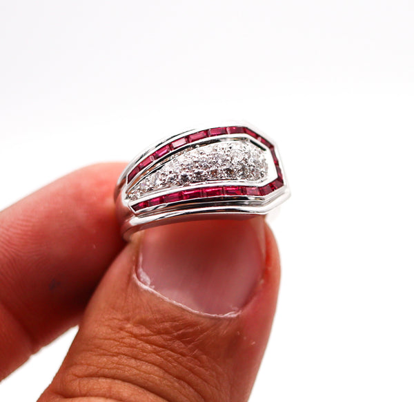 BOUCHERON Paris 1970 Deco Ring In 18Kt White Gold With 1.75 Ctw In Diamonds & Rubies