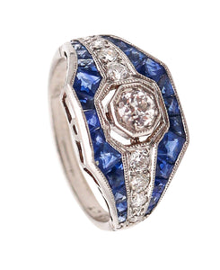 ART DECO 1935 Band Ring In Platinum With 1.58 Ctw In Diamonds & Blue Sapphires