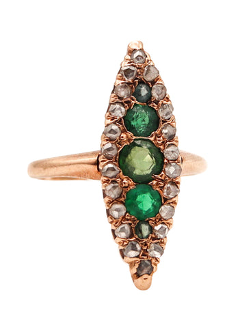 -Victorian 1870 Antique Navette Ring In 14Kt Gold With Diamonds And Garnets