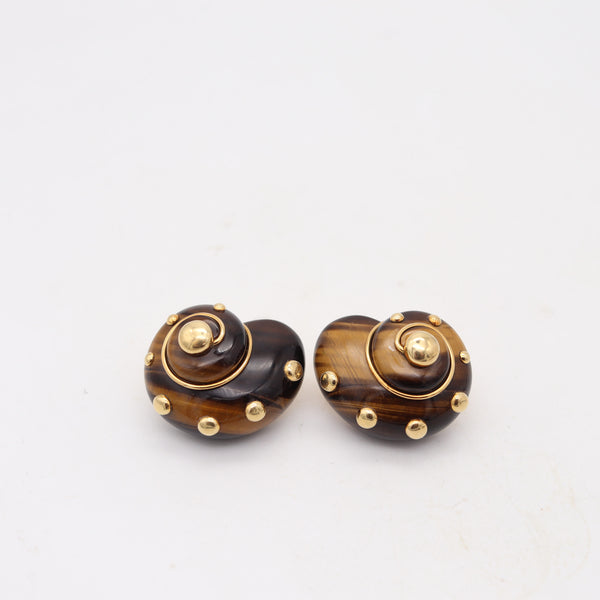 VERDURA Milan Dots Clip Earrings In 18Kt Yellow Gold & Carved Tiger Eye