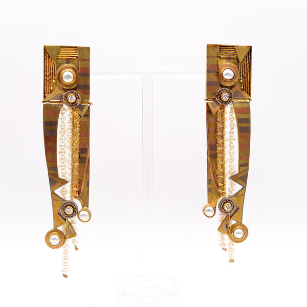 VICKI EISENFELD Studio Mokume Dangle Earrings In 14-18-22Kt Gold And Diamonds