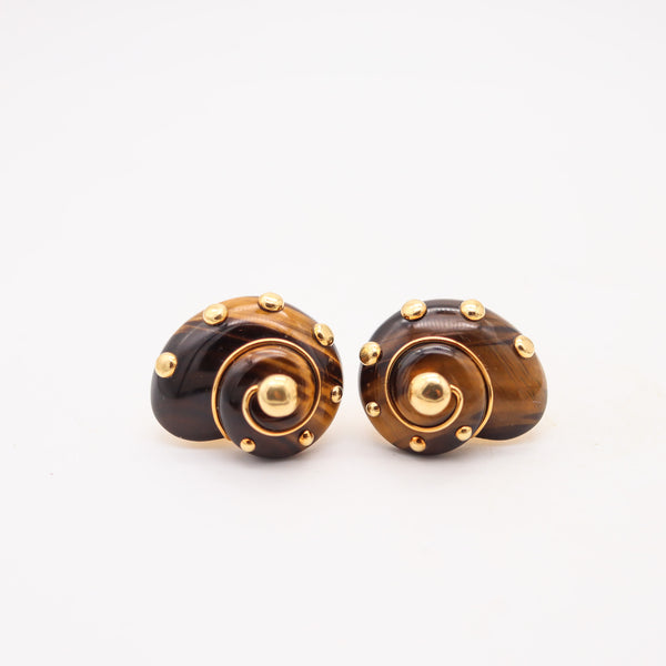 VERDURA Milan Dots Clip Earrings In 18Kt Yellow Gold & Carved Tiger Eye