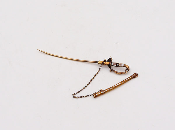 -American 1860 Miniature Enameled Sword Jabot In 14Kt Yellow Gold And Diamond