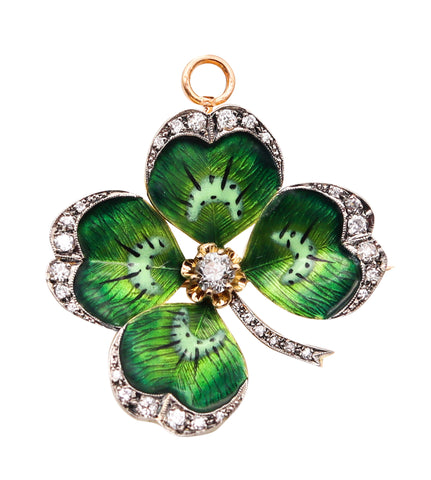 EDWARDIAN 1900 Enameled Four-Leaves Clover Pendant Brooch In 18Kt Gold With Diamonds