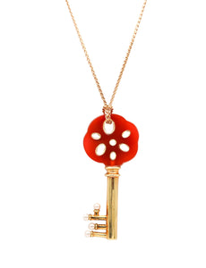 ANGELA CUMMINGS 1984 Carnelian Key Necklace In 18Kt Yellow Gold & Pearls