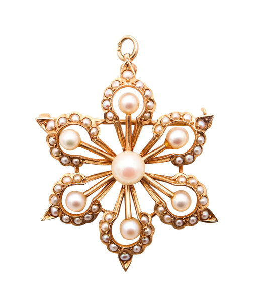 EDWARDIAN 1908 Convertible Pendant-Brooch In 10Kt Yellow Gold & Natural Pearls