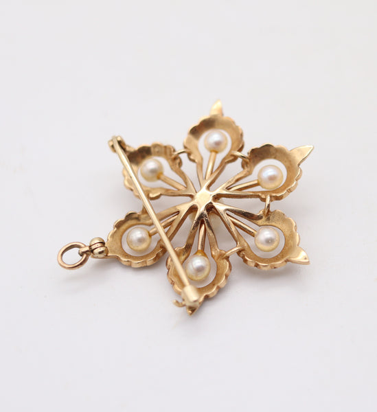 EDWARDIAN 1908 Convertible Pendant-Brooch In 10Kt Yellow Gold & Natural Pearls