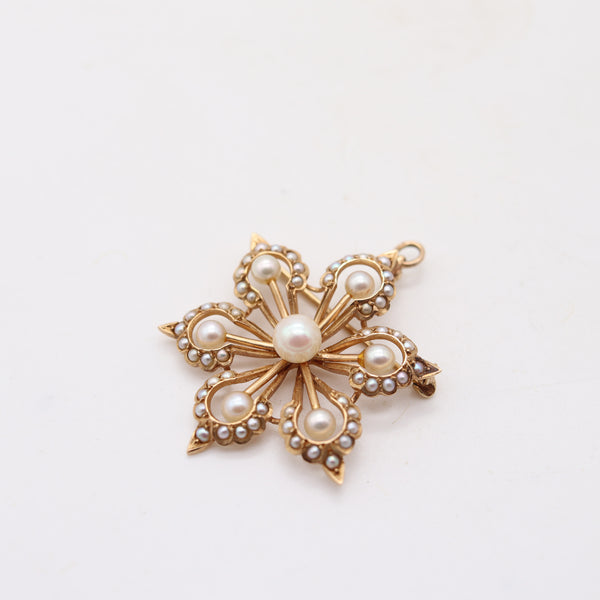 EDWARDIAN 1908 Convertible Pendant-Brooch In 10Kt Yellow Gold & Natural Pearls