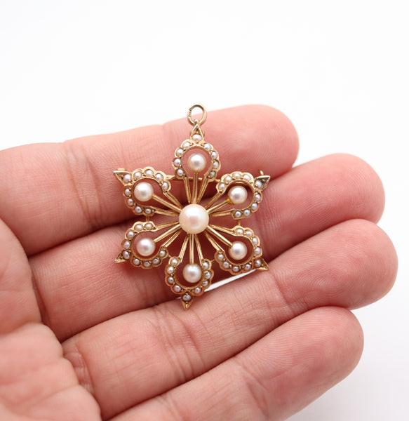 EDWARDIAN 1908 Convertible Pendant-Brooch In 10Kt Yellow Gold & Natural Pearls