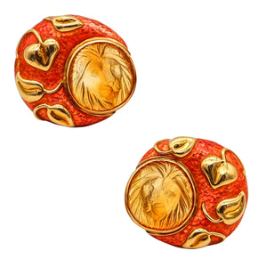 -Elizabeth Gage 1993 London Enameled Lions Clips Earrings In 18Kt Gold With Citrine