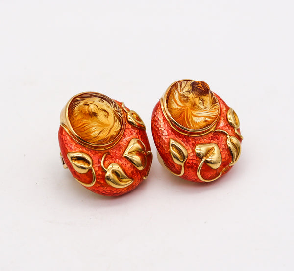 -Elizabeth Gage 1993 London Enameled Lions Clips Earrings In 18Kt Gold With Citrine
