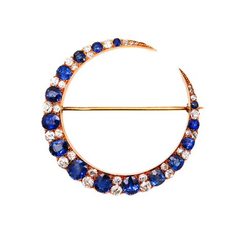 CRESCENT MOON 1900 Edwardian Brooch 18Kt Gold With 7.27 Ctw In Sapphires & Diamonds