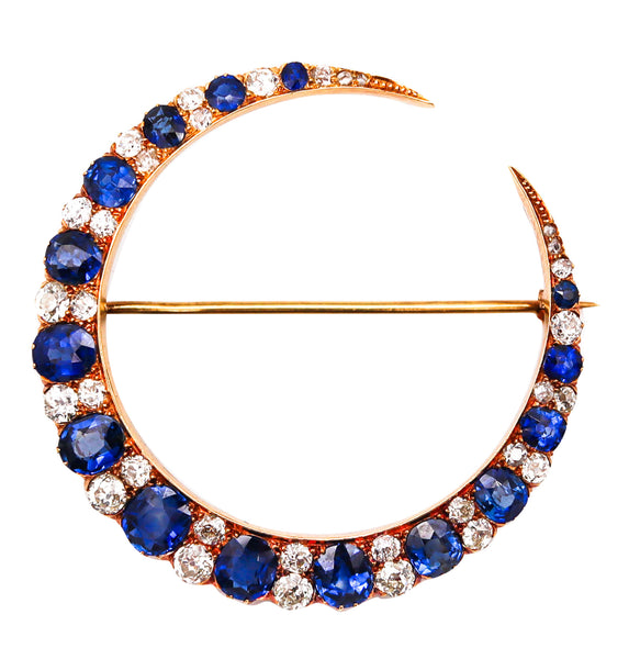 CRESCENT MOON 1900 Edwardian Brooch 18Kt Gold With 7.27 Ctw In Sapphires & Diamonds