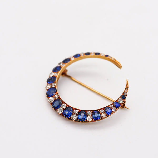 CRESCENT MOON 1900 Edwardian Brooch 18Kt Gold With 7.27 Ctw In Sapphires & Diamonds