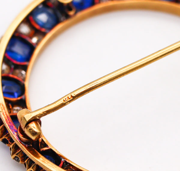 CRESCENT MOON 1900 Edwardian Brooch 18Kt Gold With 7.27 Ctw In Sapphires & Diamonds