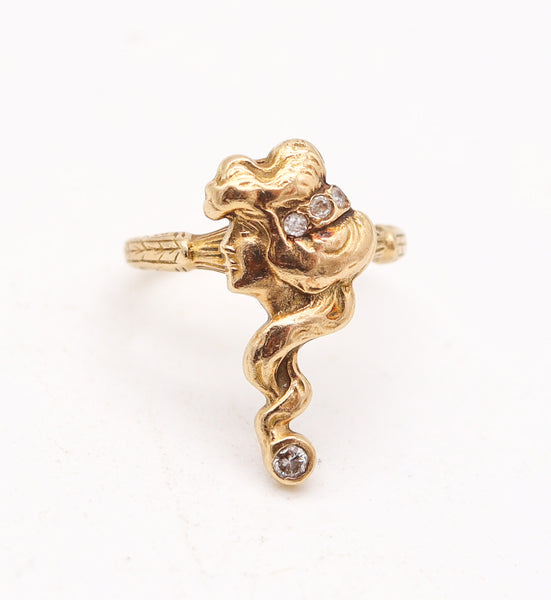 ART-NOUVEAU 1900 American Ring With Lady Profile In 14Kt Yellow Gold