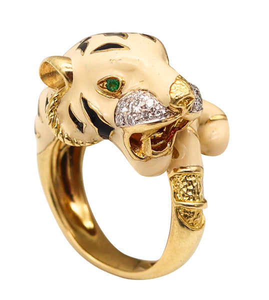 -Roberto Legnazzi Enameled Tiger Ring In 18Kt Gold With Diamonds And Emeralds