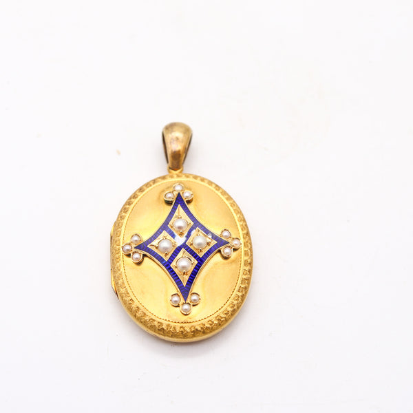 VICTORIAN 1890 Blue Enameled Locket In 18Kt Yellow Gold And White pearls