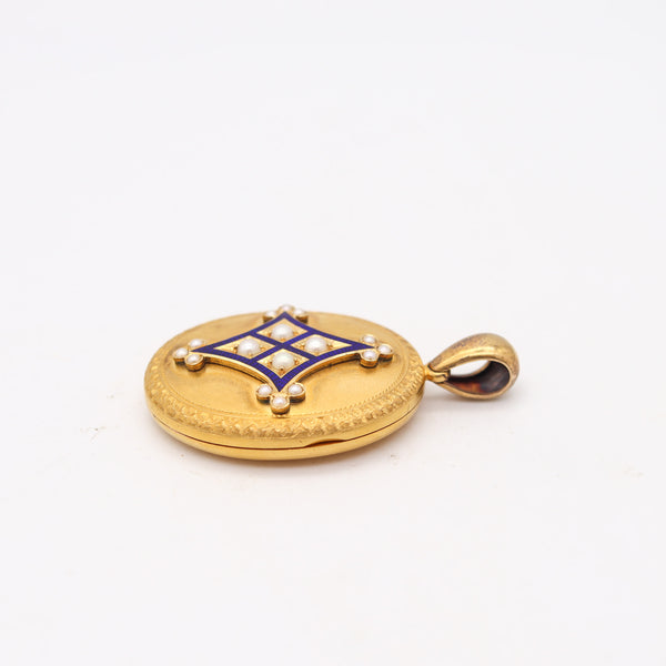 VICTORIAN 1890 Blue Enameled Locket In 18Kt Yellow Gold And White pearls