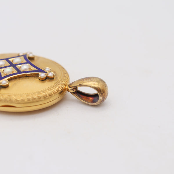 VICTORIAN 1890 Blue Enameled Locket In 18Kt Yellow Gold And White pearls