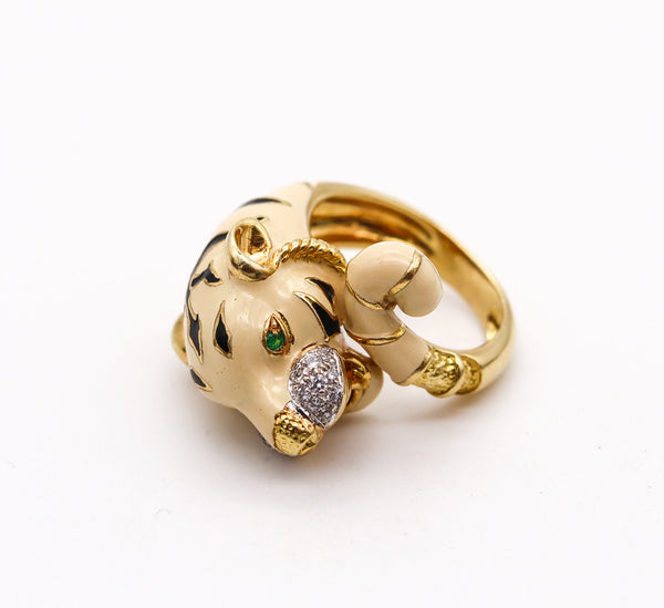 -Roberto Legnazzi Enameled Tiger Ring In 18Kt Gold With Diamonds And Emeralds