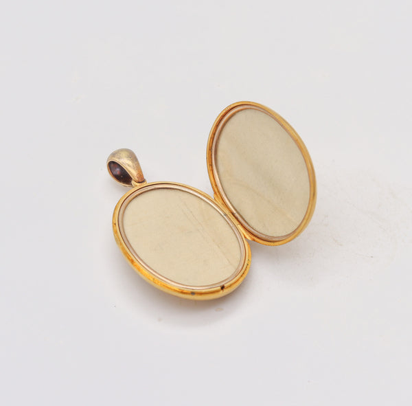 VICTORIAN 1890 Blue Enameled Locket In 18Kt Yellow Gold And White pearls