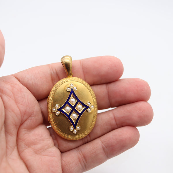 VICTORIAN 1890 Blue Enameled Locket In 18Kt Yellow Gold And White pearls