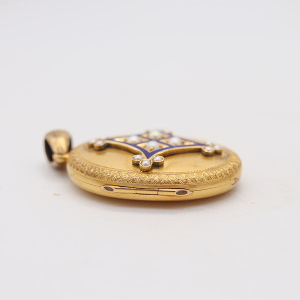 VICTORIAN 1890 Blue Enameled Locket In 18Kt Yellow Gold And White pearls