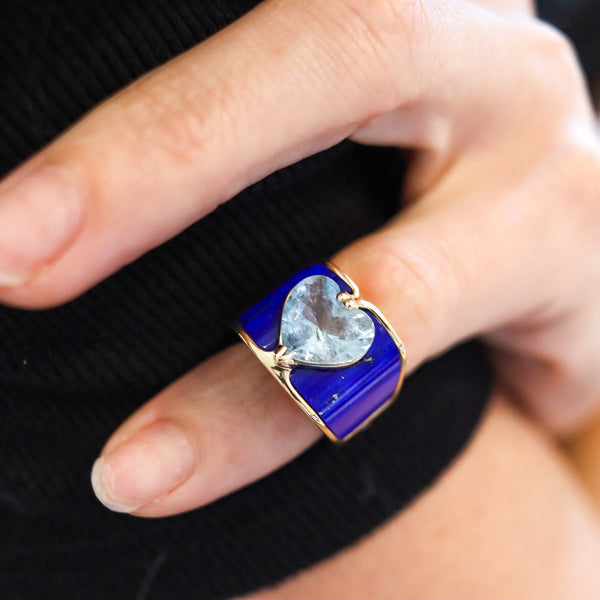 PAUL BINDER 1970 Swiss Cocktail Ring In 18Kt Yellow Gold With Lapis & Aquamarine