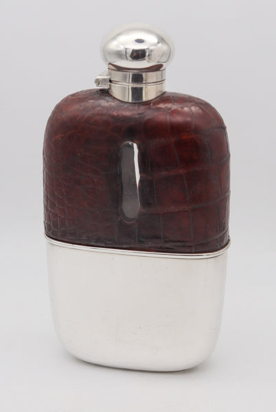 AARON LUFKIN DENNISON 1886 Birmingham Liquor Flask In .925 Sterling Silver & Leather