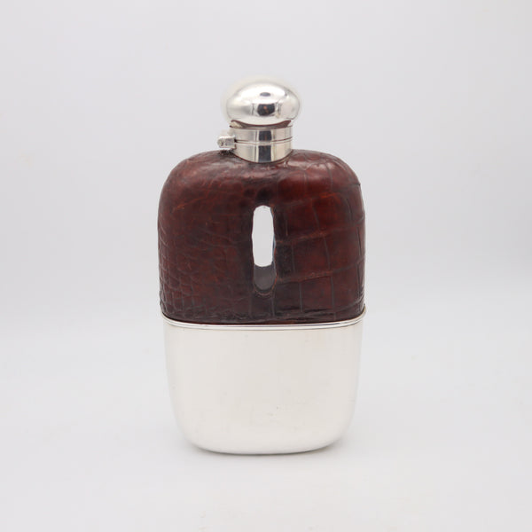 AARON LUFKIN DENNISON 1886 Birmingham Liquor Flask In .925 Sterling Silver & Leather