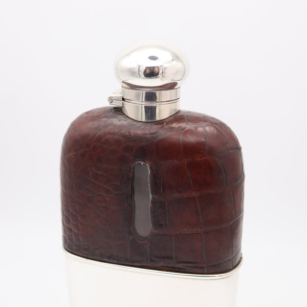 AARON LUFKIN DENNISON 1886 Birmingham Liquor Flask In .925 Sterling Silver & Leather