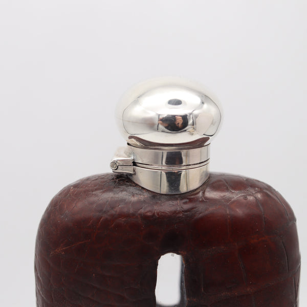 AARON LUFKIN DENNISON 1886 Birmingham Liquor Flask In .925 Sterling Silver & Leather