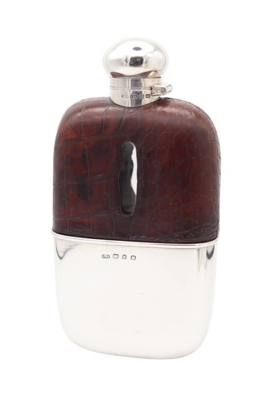 AARON LUFKIN DENNISON 1886 Birmingham Liquor Flask In .925 Sterling Silver & Leather