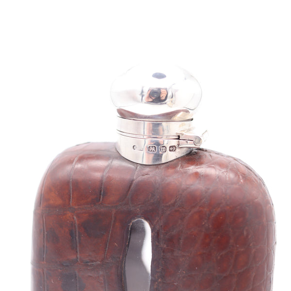 AARON LUFKIN DENNISON 1886 Birmingham Liquor Flask In .925 Sterling Silver & Leather