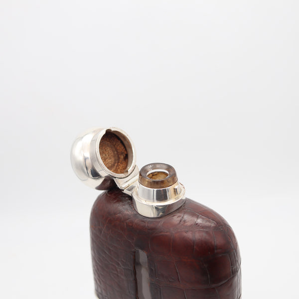 AARON LUFKIN DENNISON 1886 Birmingham Liquor Flask In .925 Sterling Silver & Leather