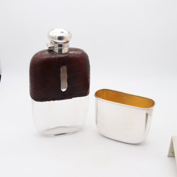AARON LUFKIN DENNISON 1886 Birmingham Liquor Flask In .925 Sterling Silver & Leather