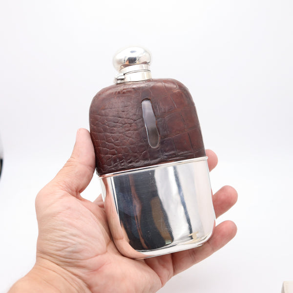 AARON LUFKIN DENNISON 1886 Birmingham Liquor Flask In .925 Sterling Silver & Leather