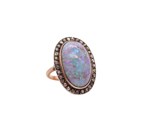 -Victorian 1880 Antique Ring In 14Kt Gold With 8.95 Ctw In Opal And Diamonds
