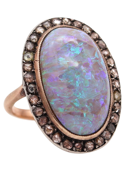 -Victorian 1880 Antique Ring In 14Kt Gold With 8.95 Ctw In Opal And Diamonds