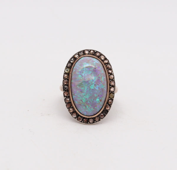 -Victorian 1880 Antique Ring In 14Kt Gold With 8.95 Ctw In Opal And Diamonds