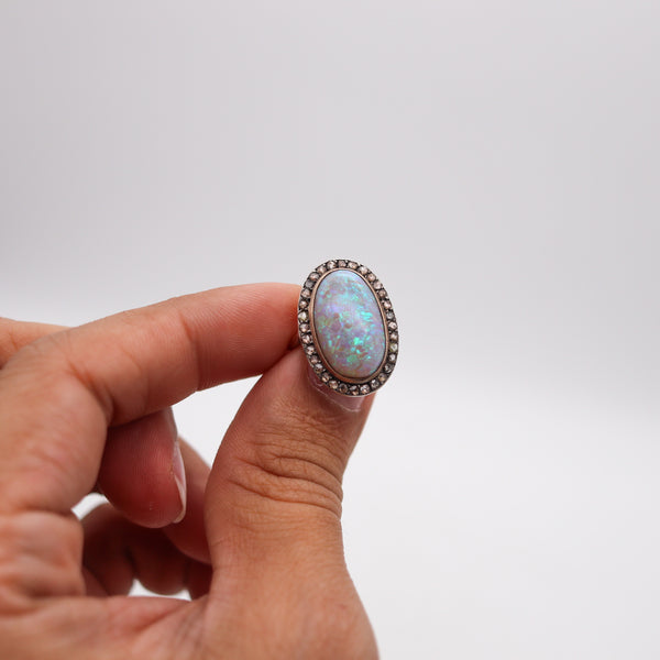 -Victorian 1880 Antique Ring In 14Kt Gold With 8.95 Ctw In Opal And Diamonds